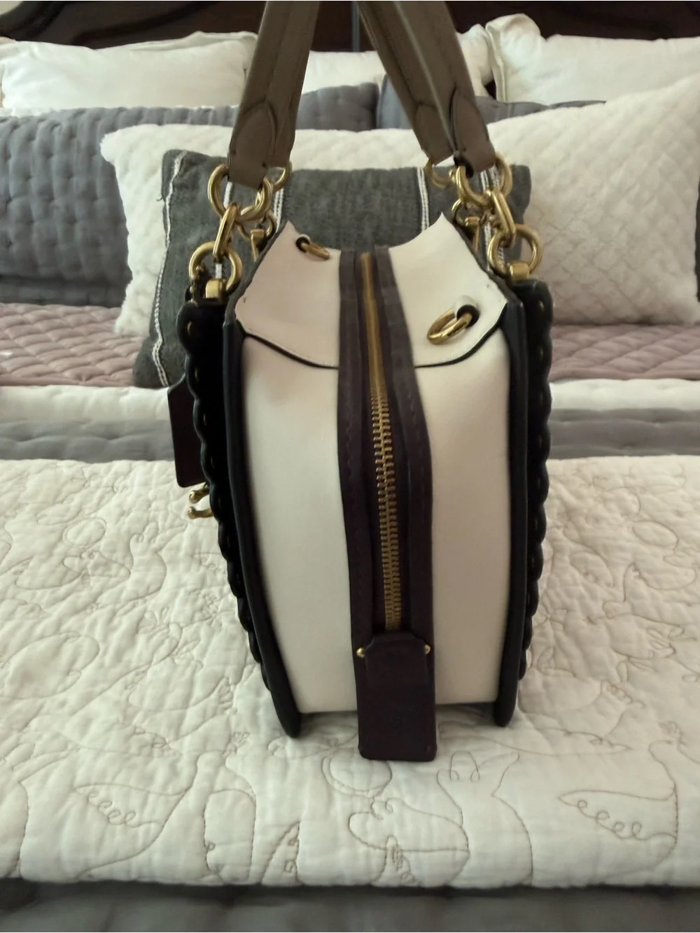 Coach Taupe and Black Leather Satchel with Gold Hardware